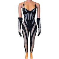 Women Sexy Black White Rhinestones Outfit Jumpsuit With Gloves Transparent Birthday Dance Stage Evening Celebrate Club Bodysuit