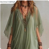Women's Bohemian Ruffled Half Sleeve Chiffon Mini Dress V-Neck Irregular Hem Layered Beach Cover Up Vacation Casual Short Dress