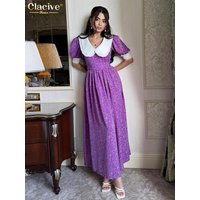 Clacive Summer Loose Print Women's Dress 2024 Fashion Doll Collar Short Sleeve Dresses Elegant Classic High Waist Female Dress