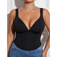 Plus Size Solid Black Fish Bone Corset Camisole Deep V Push Up Bustier Adjustable Wide Strap Back Criss Cross Lace Up Waist Shap