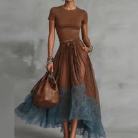 Summer Tie Up Solid Casual Outfit O-neck Short Sleeved Top and Long Skirt Women's Set Retro Lace Patchwork Pleated Vacation Suit
