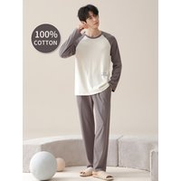 Men's 100% cotton long sleeved four season plus size men's sleepwear, teenage pure cotton home suit set for warmth