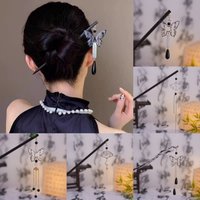 Vintage Wooden Hairpin For Women Chinese Ink Wash Butterfly Lotus Tassel Hair Stick Girls Trendy Hair Accessories Hair Clips