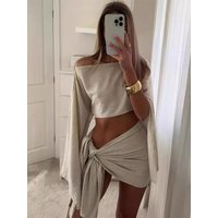 Women Two Pieces Sets Summer Crop Top+Mini Skirts Casual Clothing Suits Chic Streetwear Solid Color Lady Sexy Beach Outfits
