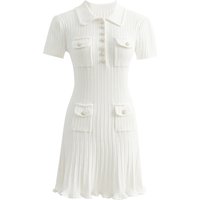 Brand Designer Polo Knitted Dress Women Summer Short Sleeve Single Breasted Flower Button Knitting Sweater Mini Dresses