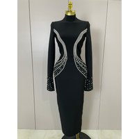 Women High Quality Black Color Long Sleeve Sexy Shiny Crystal Bodycon Long Bandage Dress Evening Birthday Party Cocktail Dress
