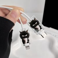 2pcs Cute Black Cat 2D Cable Protector for Type-C/for Apple Charging Cables Plastic Anti-Breakage Cord Scratchresistant Cover