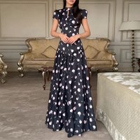 Elegant Lady Short Sleeve Pleated Dress Summer New High Waist Commute Maxi Dresses Temperament Stand Collar Floral Printed Dress