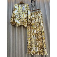 New 2-Piece Set Vintage Print Top and Wide Leg Pants For Women Elegant Pleated Suits Female Casual Fashion Spring Summer 2025