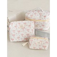 1 Stück/Set gesteppte Make-up-Tasche mit rosa Schleife und Blumen, Blumen-Make-up-Tasche, tragbare Make-up-Tasche mit großer Kapazität, unverzichtbare