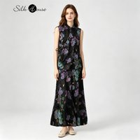 Women's Fashion New Black Embroidered Flower 100% Natural Mulberry Silk Fragrant Cloud Yarn Extended Slant Cut Fish Tail Skirt
