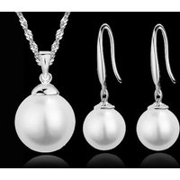 Elegant Bridal Jewely Set Pure Genuine 925 Sterling Silver Color White Pink Pearl Pendant Necklace Earring Women Party Gift