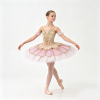 Mädchen-Ballett-Tutu-Kleid in Rosa mit Farbverlauf, Professionelles Kostüm mit Rosa-Goldener Spitze und Strasssteinen für Bühnenauftritte