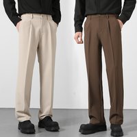 2025 Men's Loose Suit Pants Classic Straight Solid Color Drape Elastic Business Office Worker Casual Trousers Brown Khaki Gray