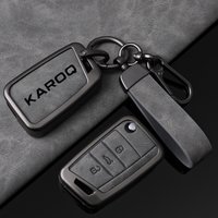 Metal Leather Car Key Case Cover for Skoda Karoq 2018-2025 Smart Remote Protector Key Folding Cover Keychain Auto Accessories