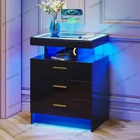 D06Modern Bedside Table 2 Set Nightstands with Wireless Charging Station, Auto Sensor 3 Color Dimmable LED Night Stand