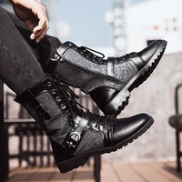 Retro Mid-Carf Punk Boots 2025 Winter Men's Plus Velvet Motorcycle Boots All-match Tooling Shoes Denim Mid-high Army Boots Men