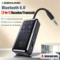 KEBIDUMEI Bluetooth 6.0 Audio Reciever Transmitter Dual RT/TX Broadcast 3 in 1 3.5mm AUX Wireless Adapter for TV Earphones Car