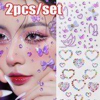 1/2pcs Purple Butterfly&Hollow Heart Diamond Rhinestone Face Sticker 12x8cm Crystal Butterfly Face Decal Adhesive Diamond Slider