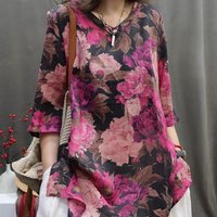 New Retro Ramie Printed Small V-neck Loose Versatile Mid-sleeved Pullover Shirt for Women