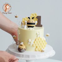 Cartoon Bee Animal Cake Toppers Honeycomb Felt Happy Birthday Sign Topper for Cake Decorating Gift