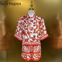 Seifrmann Casual printed silk two-piece set lapel short-sleeved shirt shorts loose suit 2026 summer new women's clothing