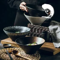 Japanese tableware set, commercial bamboo hat ceramic bowl, household large ramen, rice, noodles, soup bowl