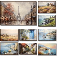 Vintage Countryside Seascape Amalfi Coastal Paris City Street Neutral Landscape Canvas Painting Print Rustic Poster Home Decor