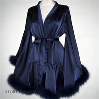 Luxury Feathers Bride Wedding Robe Dress Elegant Big Sleeve Female Bathrobe Kimono Gown Nightgown Silky Satin Homewear Pajama
