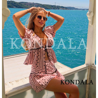 KONDALA Women Elegant Chic Embroidered Culottes Set V-Neck Bow Short Sleeve Top, Shorts Skirts 2026 Summer Trendy Vacation Set