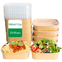 17oz/500ml 25/50 pcs Disposable Kraft paper bowls with lids, Rectangle Food containers Soup Bowls Party Supplies Treat Bowls