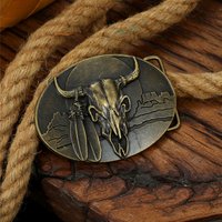 Retro Southwest Bull Skull Feather Belt Buckle, Antique Metal Cowboy Decorative Buckle Only