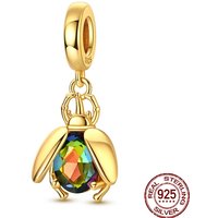 925 Sterling Silver Golden Beetle Dangle Charm Mystic Rainbow CZ Stone Scarab Insect Design Fit Bracelets Jewelry Gift for Women