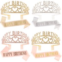 Happy Birthday Tiara and Sash Rose Gold Glitter Satin Sash and Headband for Girl Women Happy Birthday Party Decorations Supplies