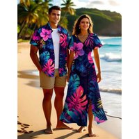 Women's Midi Dress, Hibiscus Flowers Tropical Leaf Printed Buttons Pocket Shirt For Men, Or Couples Matching Hawaii Beach Outfit