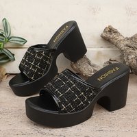 Elegant Summer Women Fashion Tweed Plaid Woven Open Toe Chunky Block Heel Platform Sandals Slides Party Casual Slippers for Lady