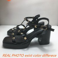 ORCHA LISA Women Sandals Rivets Buckle T-strap Concise Daily Shoes For Lady Black Big Size 43 Square Toe Chunky Heel Platform