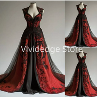 Maßgeschneiderte 2027 Schwarz-Rote Gothic-Hochzeitskleider mit Rückenausschnitt, A-Linie, V-Ausschnitt, Spitzenapplikationen, Brautkleider, Abendkleider