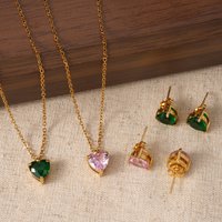 1 Set Stainless Steel Necklace Earrings For Women Pink Heart Zircon Jewelry Set Fashion Party Wedding Gift Lady Accessories