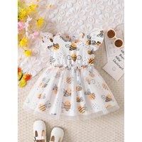 Single-Piece Baby Girl Casual Dress for Spring and Summer, Cute Style, Milk Silk, Fun Cartoon Bee Digital Print Pattern, Mesh Baby Girl Dress