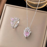 Cute Romance Silver Color Stainless Steel Pink Crystal Crown Heart Pendant Necklace for Women Luxury Bride Rings Jewelry Set