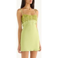 Lime Green Satin Mini Dress For Women Spaghetti Strap Beaded Fringe Trim Bodycon Party Club Night Out Dress