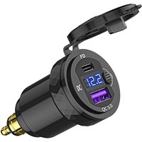 DIN Hella Plug to USB C PD 3.0 QC 3.0 USB Charger Power Adapter Voltmeter with ON-Off Switch for BMW Ducati Triumph Motorcycle