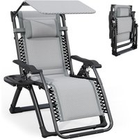 Gravity Lounge Chair Foldable Patio Recliner w Adjustable Canopy, Headrest amp Cup Holder for Backyard, Poolside amp Beach Gray
