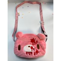 Pastel Goth Pink Bear Plush Crossbody Bag,Kawaii Dark Style Bloody Embroidered Shoulder Bag,Unique Y2K Alt Fashion Accessory
