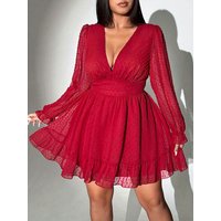 New Sexy V-Neck Short Dress Plus Size Solid Polka Dot Long-Sleeve American Slim A-Line Skirt Elegant Party Women's Evening Dress