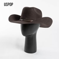 USPOP Herbst-Winter-Western-Cowboyhut, Unisex, lässig, mit Nieten besetzt, Wollfilzhut mit Gürtel, große Fedora, erhältlich in den Größen S-XL