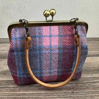 Lost In Vintage Harris Tweed Wool Fabric with a Rich Leather Bottom Multiple Ways Handbag or Shoulder Bag Metal Kiss Lock Clutch