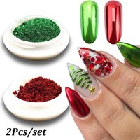 2Jars Christmas Metallic Mirror Chrome Nail Powder Red Green Shimmer Nail Rubbing Glitter Pigment Holo UV Gel Polish Nails Dust#