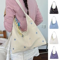 Casual Korean Style Star Embroidered Shoulder Bag Cute Five-pointed Star Tote Bag Simple Zipper Crossbody Bag Travel Bag